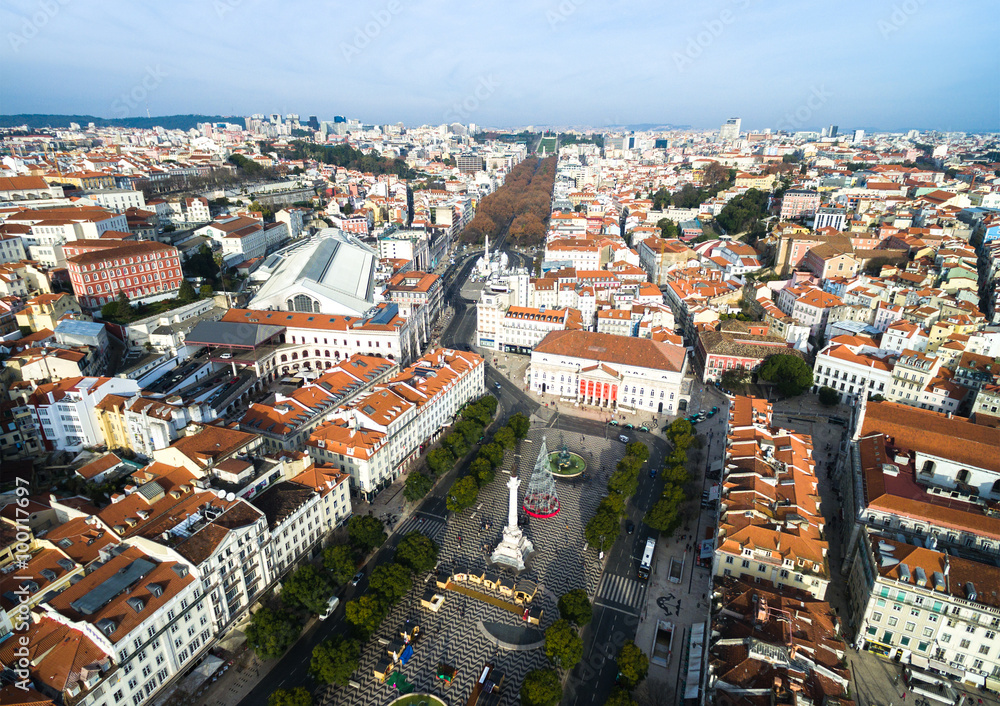 Aerial View of Dom Pedro IV Square in Rossio, Lisbon, Portugal