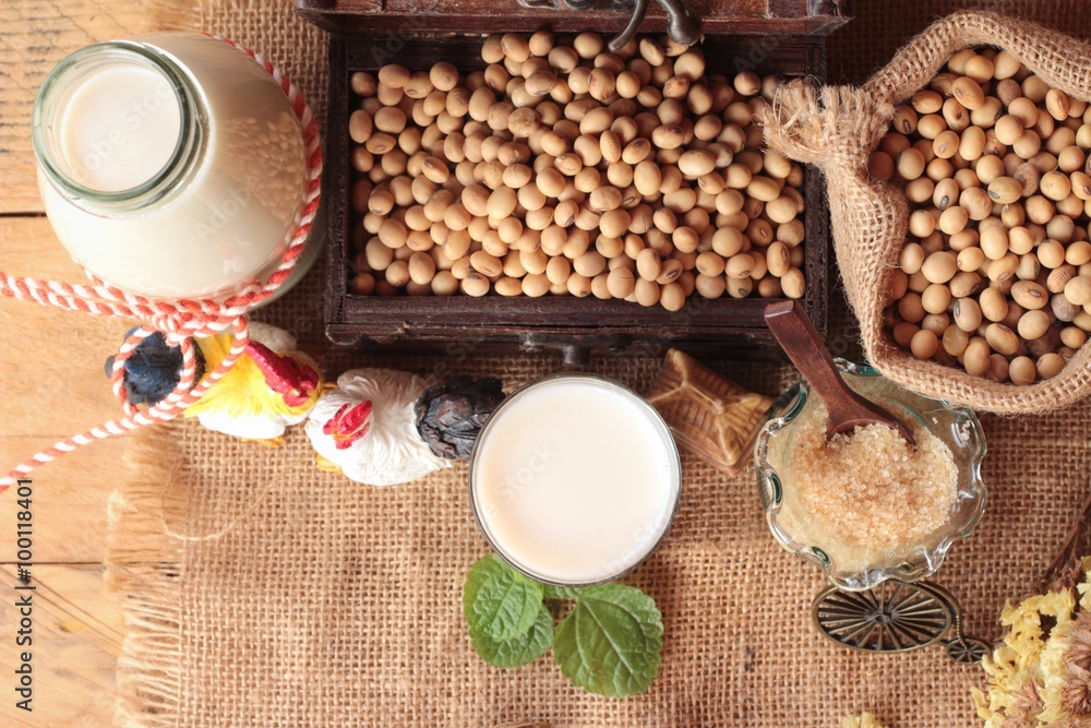 Soy milk with soybean seed. Soy milk with soybean seed.