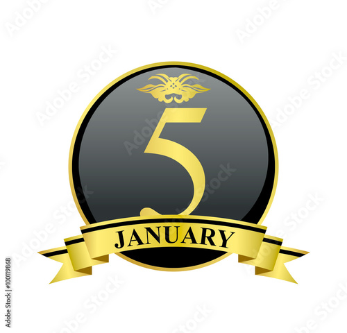 5 january golden calendar circle with ribbon