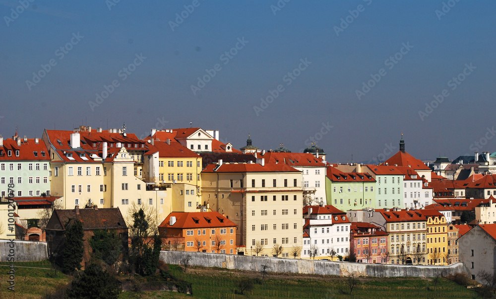 View from the Strahov monastery on the buildings and the vineyard of the uphill part of Prague area Mala Strana