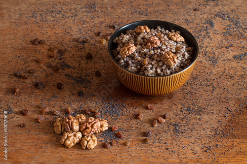 Kutia is a sweet grain pudding, traditionally served in Ukraine, Belarus and some parts of Poland. Kutia is often the first dish in the traditional twelve-dish Christmas Eve.