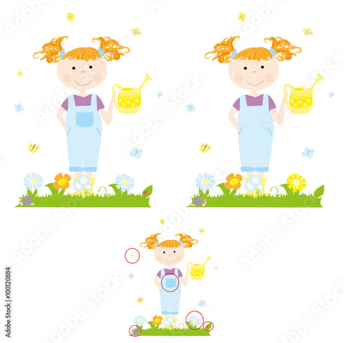 Find 5 differences : a child/ little girl with a yellow watering can and flowers in the garden - spring game with solution