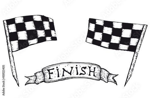 Hand drawn checkered flags and finish banner