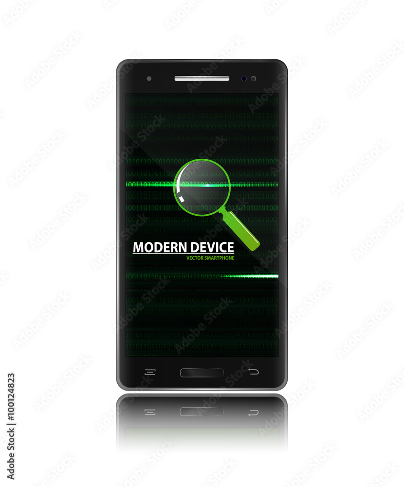 Smartphone with binary code and search lens. Smartphone with binary code and search lens.