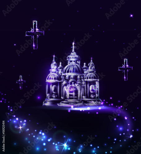 Abstract blue Church on a dark background with light  in vector.