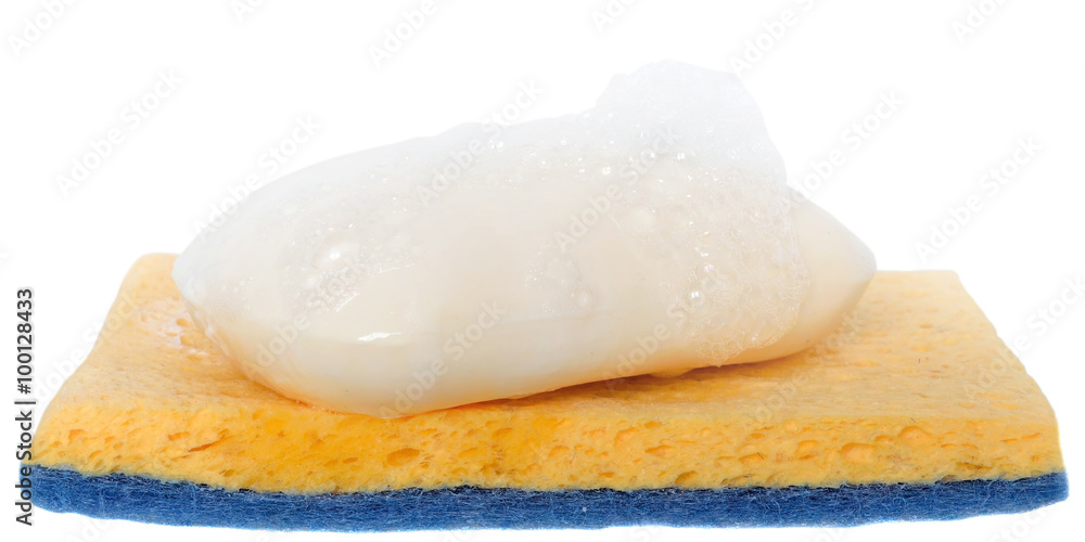 Wet soap with foam on the cleaning sponge close up Wet soap with foam on the cleaning sponge close up