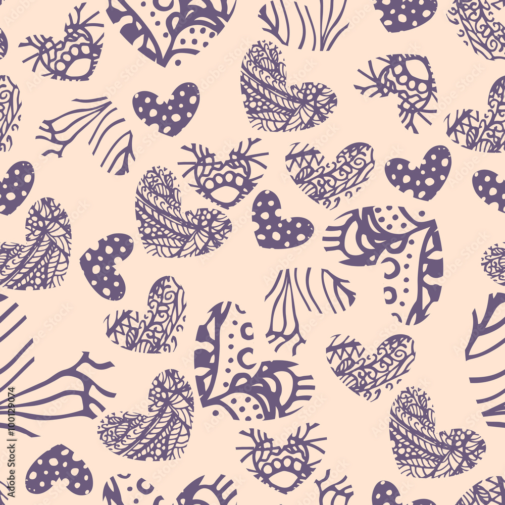 Ink zentangle heart seamless pattern. Abstract creative hearts for valentine day. Romantic purple and beige background for greeting cards. Ink zentangle heart seamless pattern. Abstract creative hearts for valentine day. Romantic purple and beige background for greeting cards.