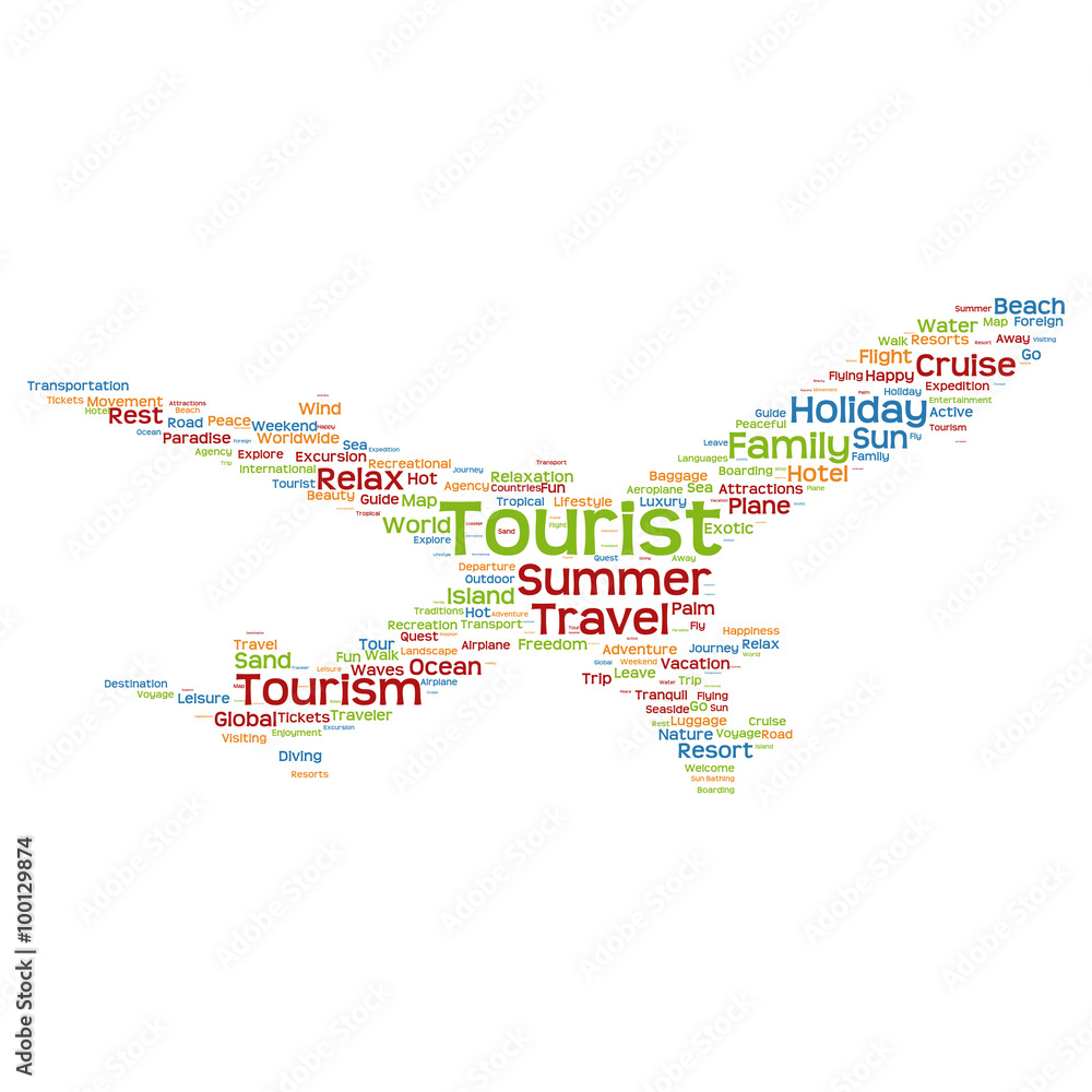 Conceptual colorful plane silhouette travel tourism text word cloud isolated on background