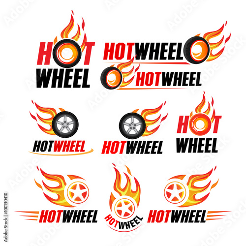 Hot wheel, Racing flat labels set. Blaze and flash logo, emblem, auto transport, flame tire, isolated vector illustrations