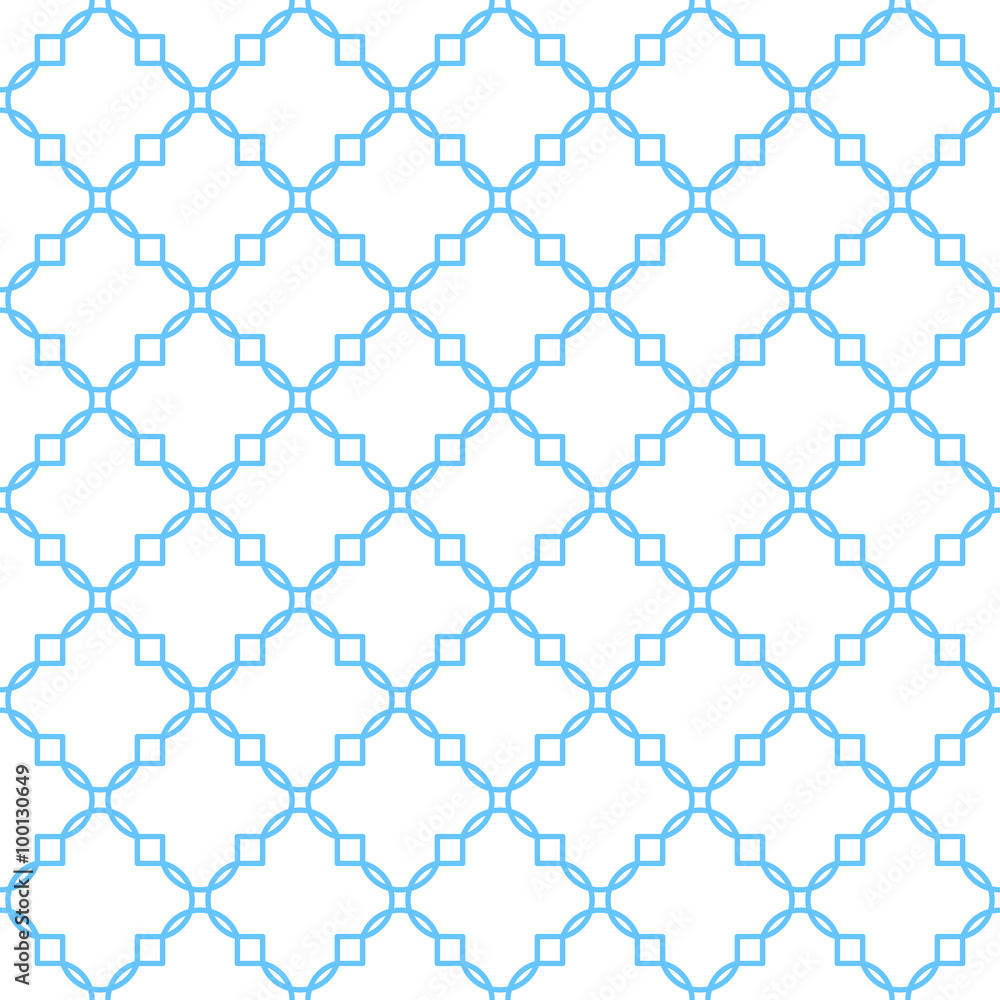 Fototapeta premium Quatrefoil classic net seamless vector pattern. Blue and white traditional moroccan simple rhomb ornament.