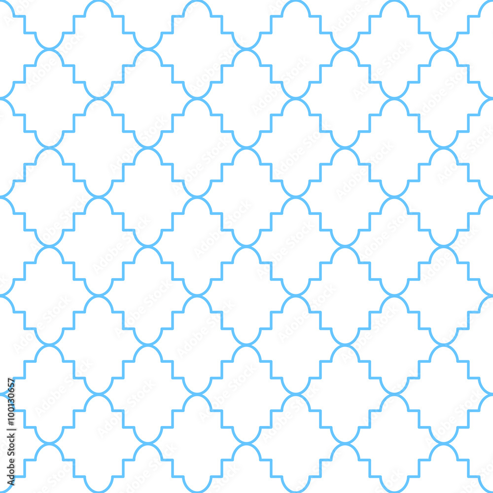 Fototapeta premium Quatrefoil classic net seamless vector pattern. Blue and white traditional moroccan simple rhomb ornament.