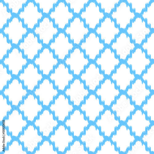 Ikat quatrefoil seamless vector pattern. Abstract geometric blue shapes background.