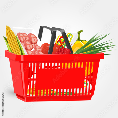 shopping basket full of food isolated on white background