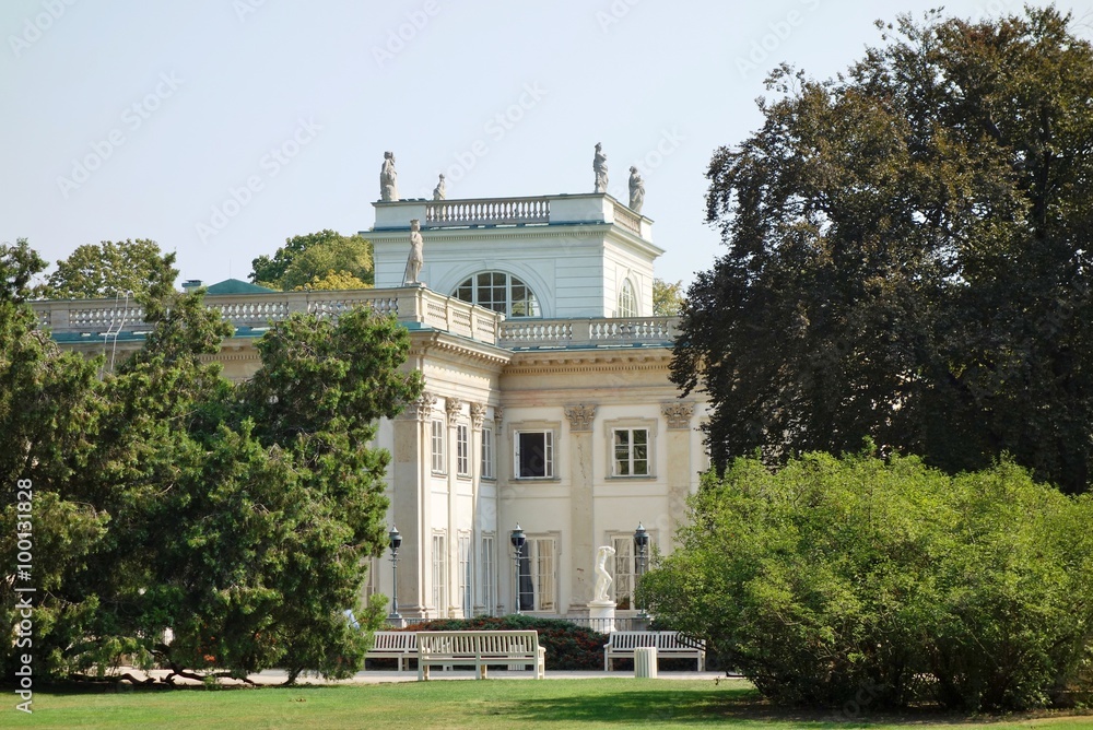 The baroque Lazienki Palace (Palac Lazienkowski) and gardens located in the Royal Baths Park in Warsaw