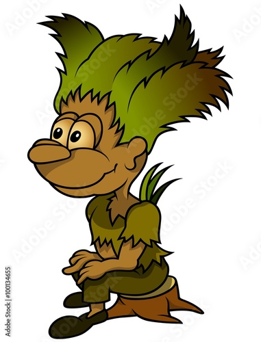 Forest Elf Sitting On Stump - Cartoon Illustration, Vector