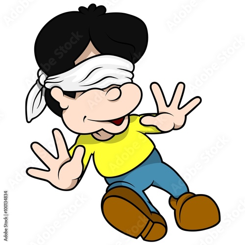 Boy in Yellow Shirt - blind man's buff, Cartoon Vector Illustration