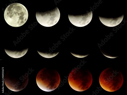 Set of 12 different phases of a total lunar eclipse
