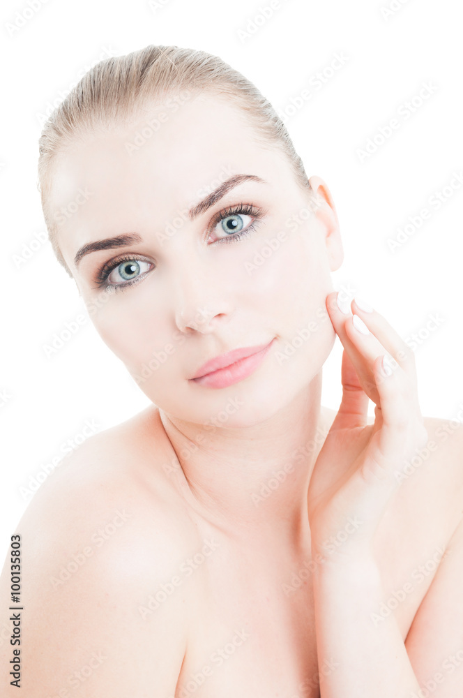 Day creme concept with woman touching her face Day creme concept with woman touching her face