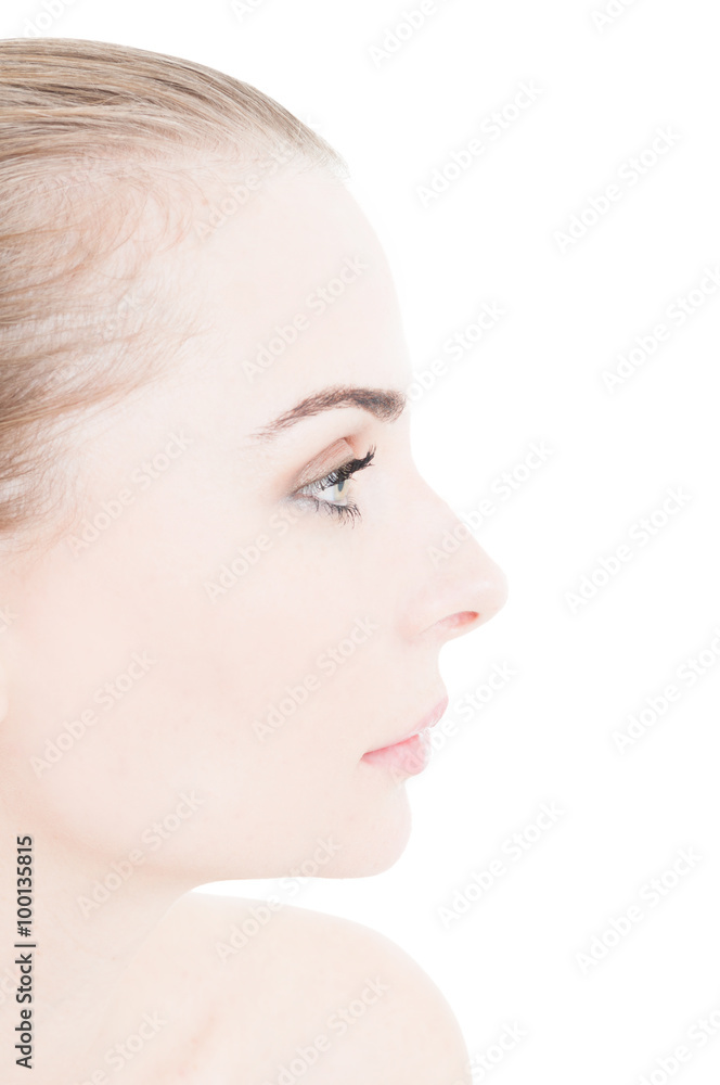 Side view of woman head on white copy space Side view of woman head on white copy space