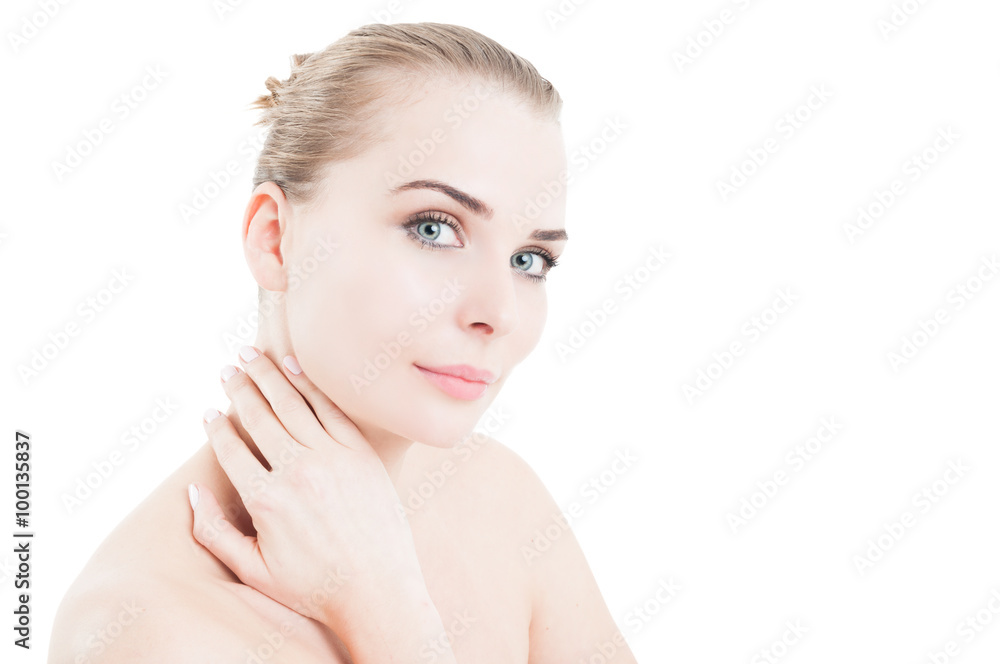 Natural cosmetics concept with woman touching her neck Natural cosmetics concept with woman touching her neck