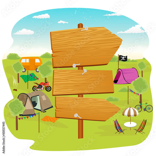 wooden signs near a campsite