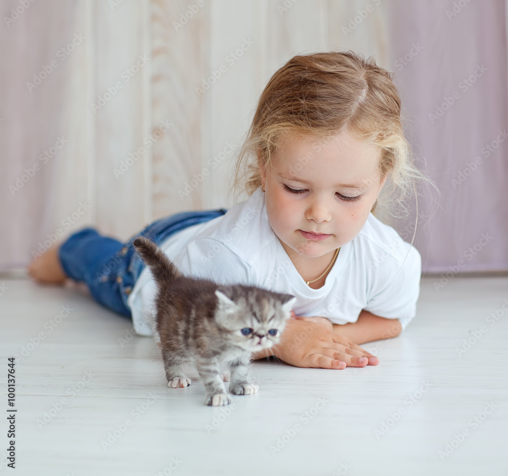 Little kid are playing with a kitten Little kid are playing with a kitten