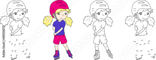 Girl roller-skating in a helmet. Vector illustration. Coloring a