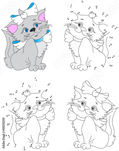 Funny cartoon pussycat. Vector illustration. Coloring and dot to