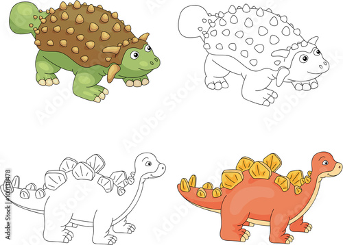 Funny cute ankylosaurus and stegosaurus. Educational game for ki