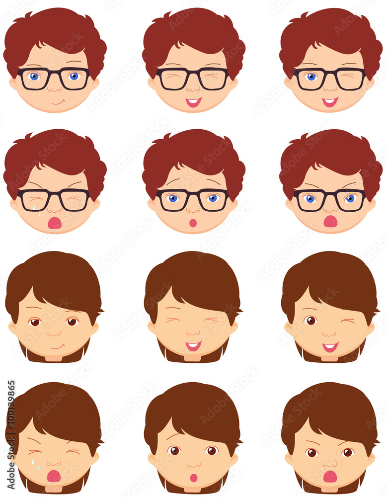 Brunet girl and spectacled boy emotions: joy, surprise, fear, sa Brunet girl and spectacled boy emotions: joy, surprise, fear, sa
