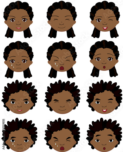 Afro boy and girl emotions: joy, surprise, fear, sadness, sorrow