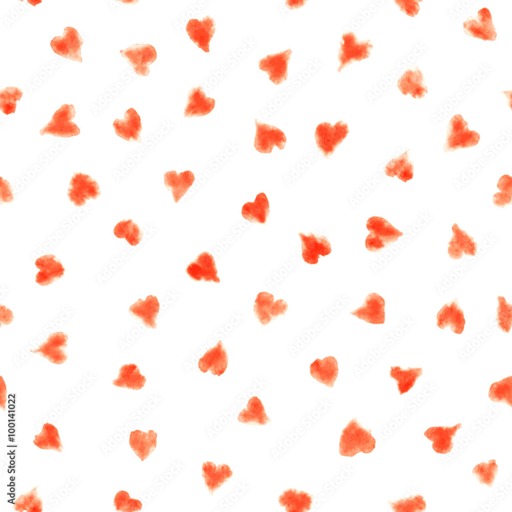 Seamless watercolor pattern with red hearts on white. Valentines day`s background.