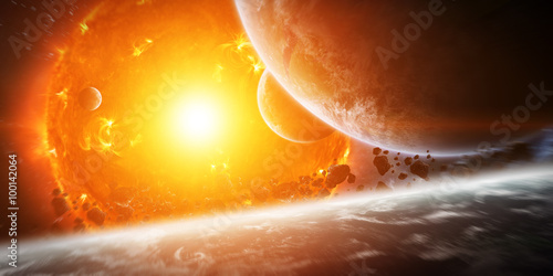Fototapeta Naklejka Na Ścianę i Meble -  Exploding sun in space close to planet