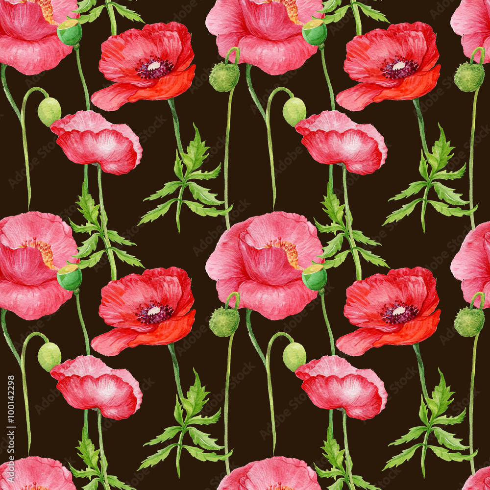 seamless pattern. Red poppies,watercolor illustration