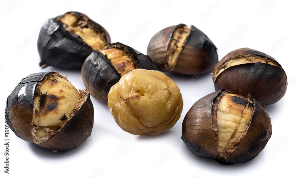 Delicious grilled chestnuts isolated on white background