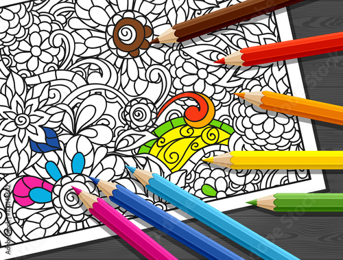 Adult coloring concept with pencils, printed pattern. Illustration of trend item to relieve stress and creativity