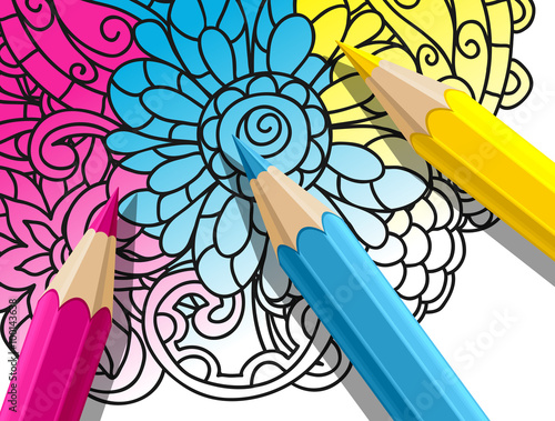 Adult coloring concept with pencils, printed pattern. Illustration of trend item to relieve stress and creativity