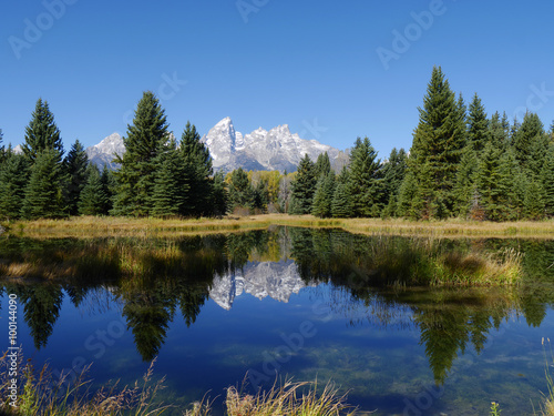 Schwabacher Landing and the Tetons Landscape of the snow-capped Teton mountains and evergreen trees reflected in the Snake River.