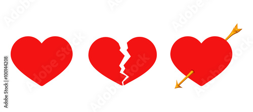 Red Valentines solid, cracked and arrow piercing hearts. Vector illustration.