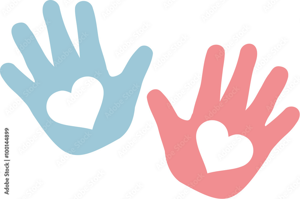 Hands of baby blue and pink with hearts Hands of baby blue and pink with hearts