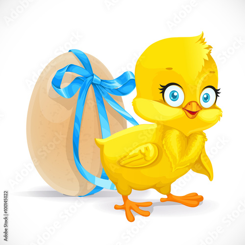 Fluffy little chicken and egg tied with a blue ribbon