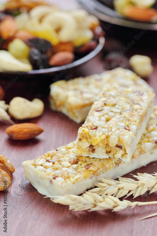 Cereal bars of granola with nuts and raisins Cereal bars of granola with nuts and raisins