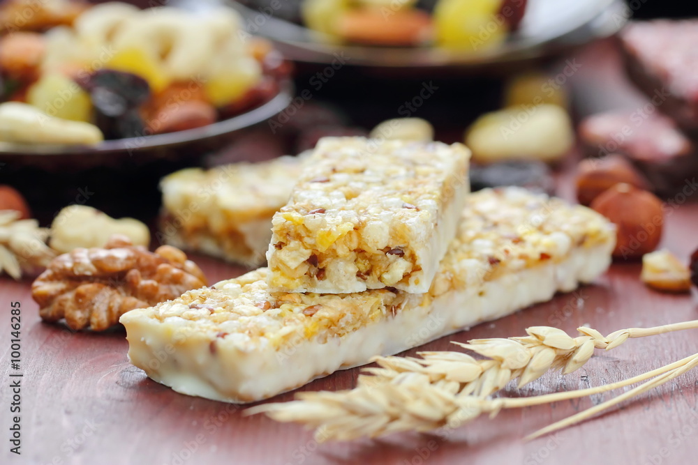 Cereal bars of granola with nuts and raisins Cereal bars of granola with nuts and raisins