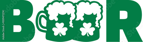 Green beer word with two beer mugs and clover