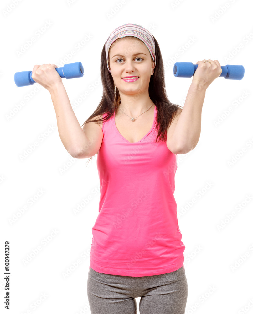 Pretty teenager with weights isolated on a white background Pretty teenager with weights isolated on a white background