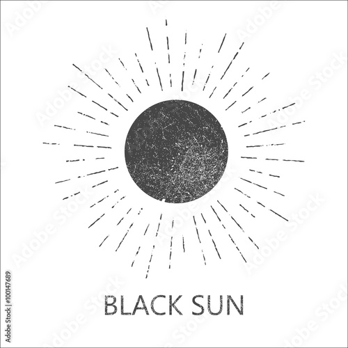 Monochrome hipster grunge vintage label with sun, starburst and rays