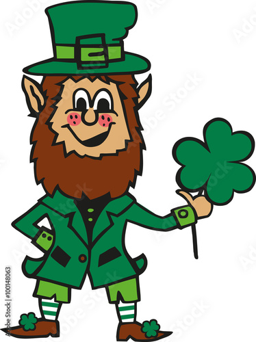 Funny cartoon leprechaun with clover in his hand