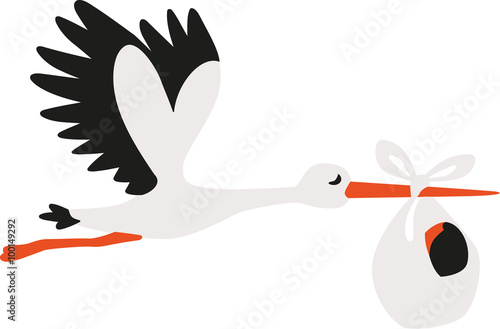 White cartoon stork delivering a baby