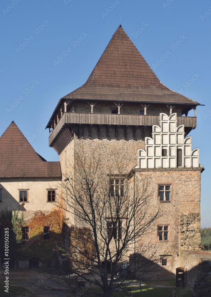 Main tower named Samson of the gothic style castle Lipnice nad Sázavou in Czech Republic. Big abadoned castle in the czech moravian highland and posazavi region, one of biggest mediaeval castle