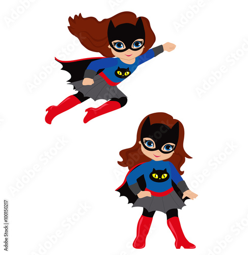 Cute Girl superhero in flight and in standing position.Vector illustration isolated on white background.